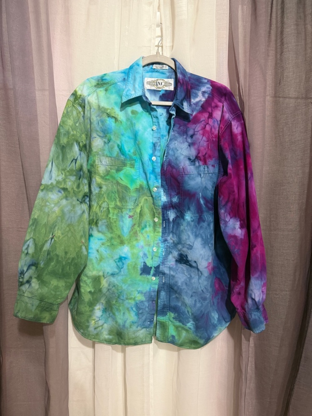 Ice-Dyed Button-Up Shirt in Green, Blue & Purple